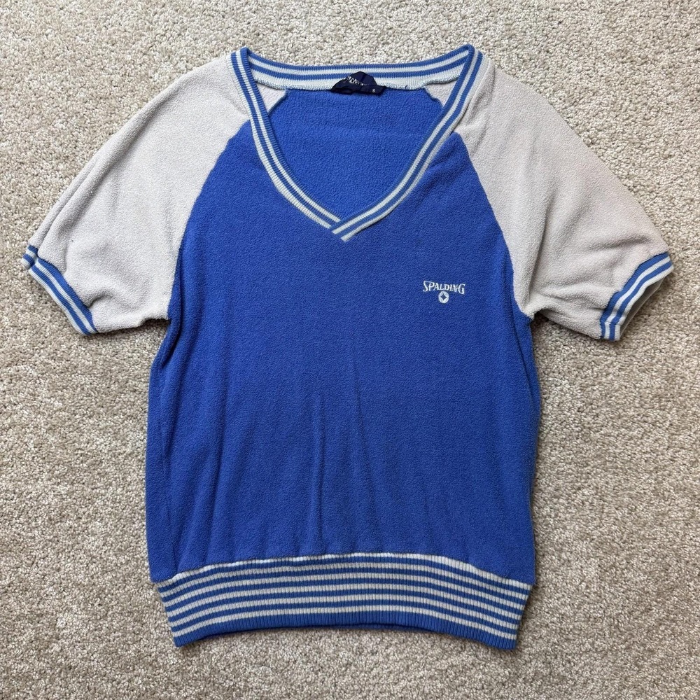 Vintage 70s 80s Spalding Terry Cloth Pullover Mens Med Blue Short Sleeve V Neck